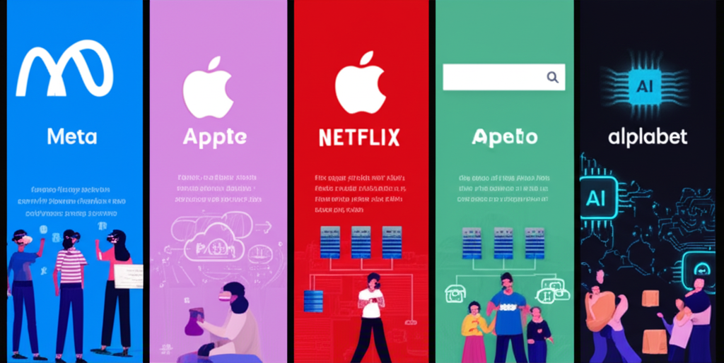 FAANG 五家公司核心業務場景插圖:Meta VR、Apple iPhone、Amazon 雲端、Netflix 串流、Alphabet 搜尋與 AI