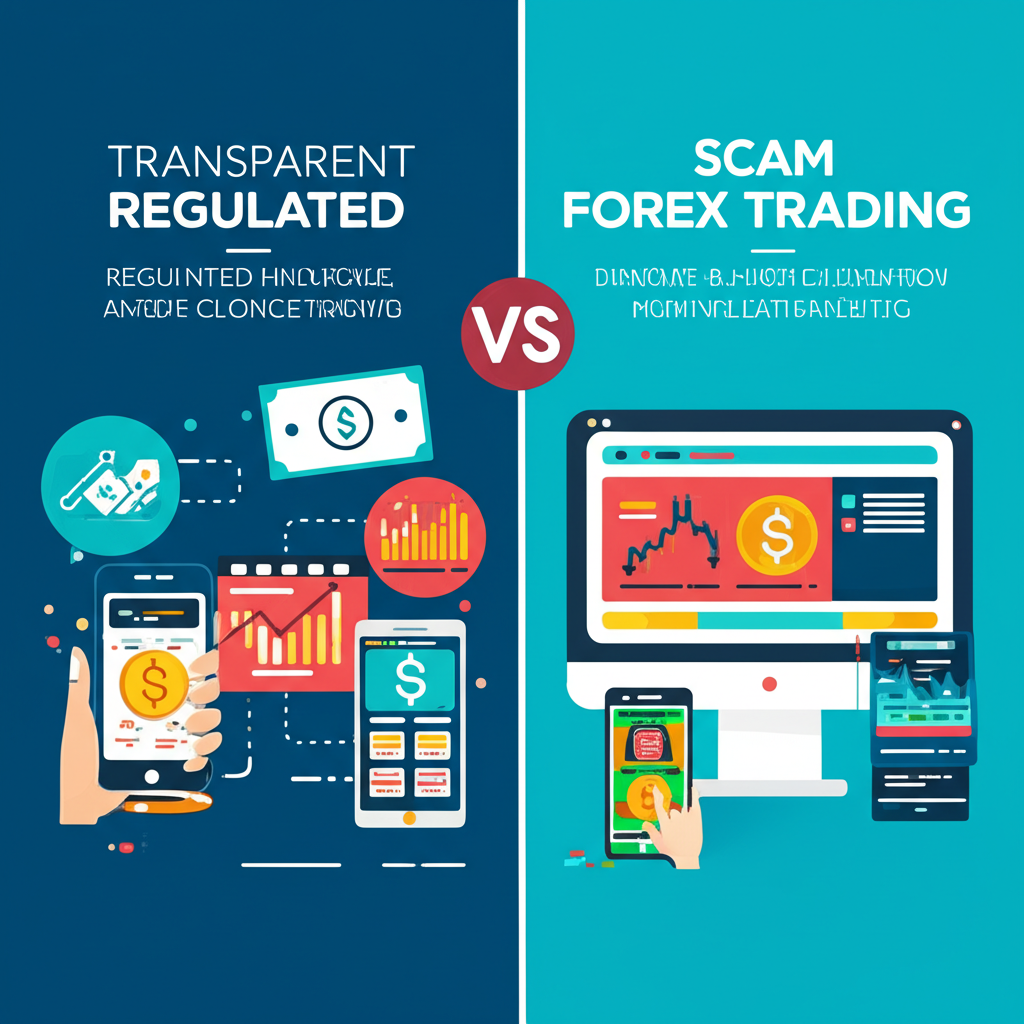 透明監管外匯交易與詐騙平台的對比插圖，突顯假高回報與資金不明流向