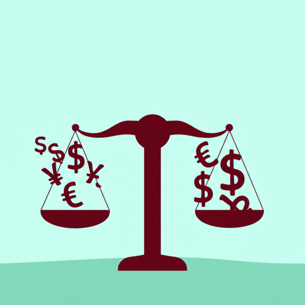 貨幣貶值示意圖：匯率天平傾斜，本國貨幣價值下降