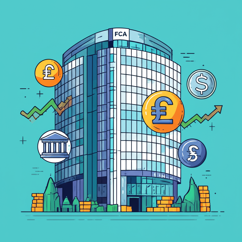 英國金融行為監理總署FCA大樓插圖,伴隨銀行、股票圖表和貨幣符號等金融服務圖標,象徵其廣泛監管範圍、消費者保護與市場誠信
