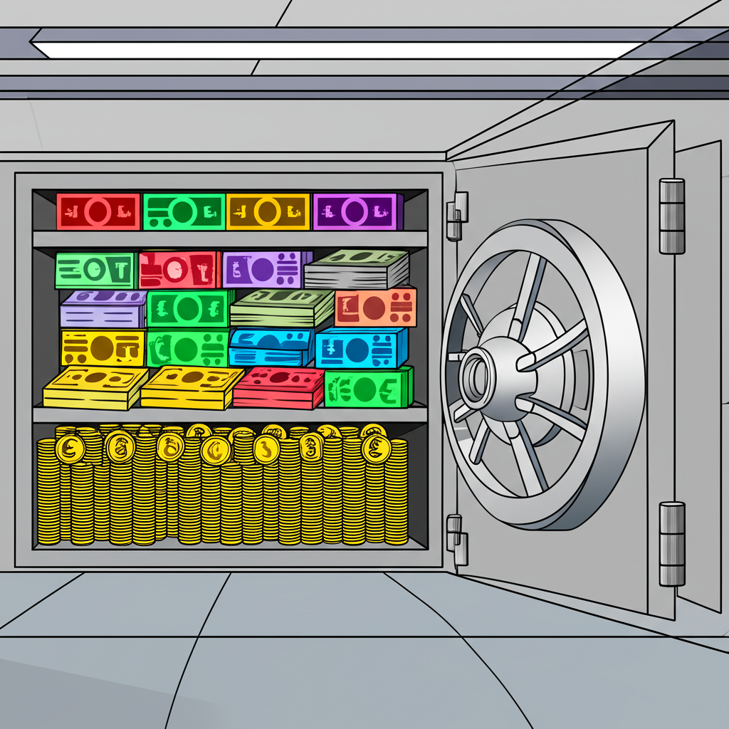 中央銀行金庫內充滿國際貨幣和黃金，象徵國家外匯存底的插圖