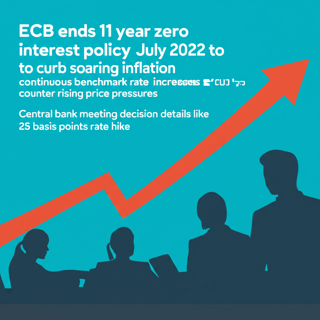 ECB ends 11 year zero interest policy in July 2022 to curb soaring inflation continuous benchmark rate increases to counter rising price pressures central bank meeting decision details like 25 basis points rate hike illustration style