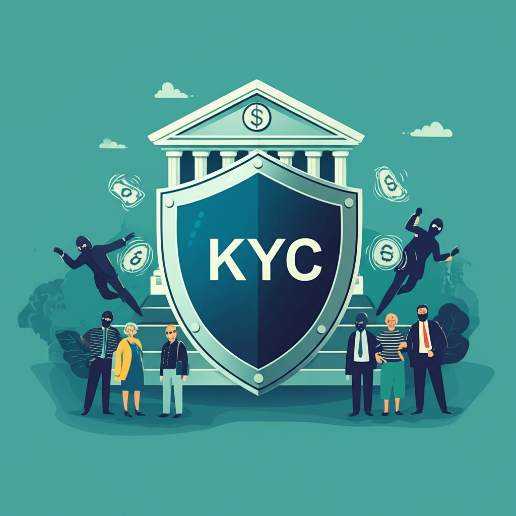 盾牌保護金融機構與個人免受詐騙與洗錢威脅，強調KYC對信任與安全的重要性插圖