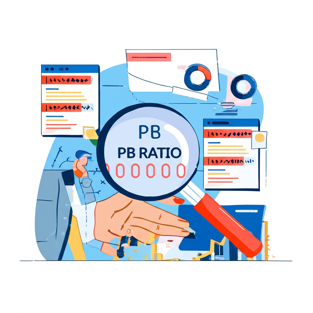 投資決策與價值股評估的放大鏡檢視股票圖表與本淨比符號插圖