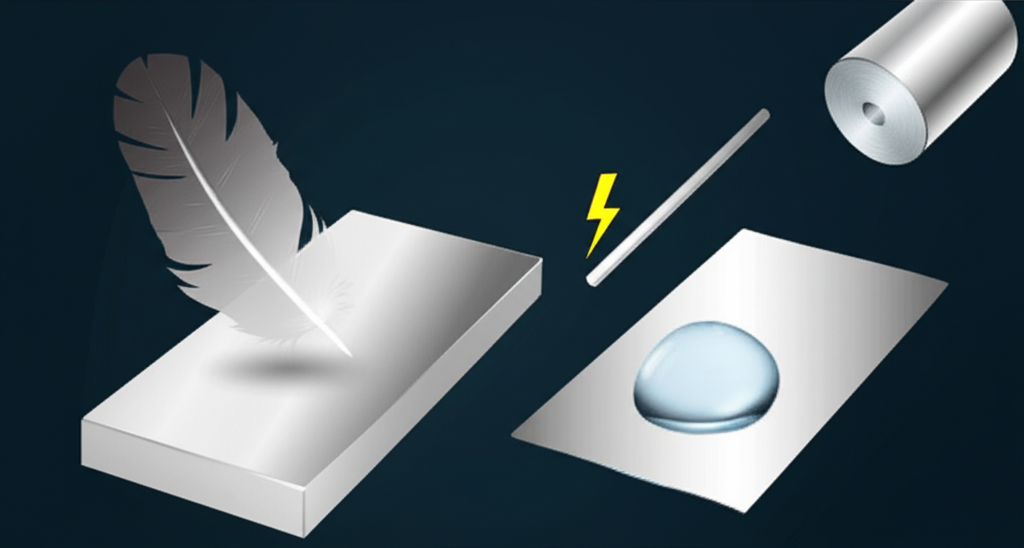 鋁材各種形式插圖,如板材、棒材、箔材,展示其輕量、抗腐蝕和導電等特性