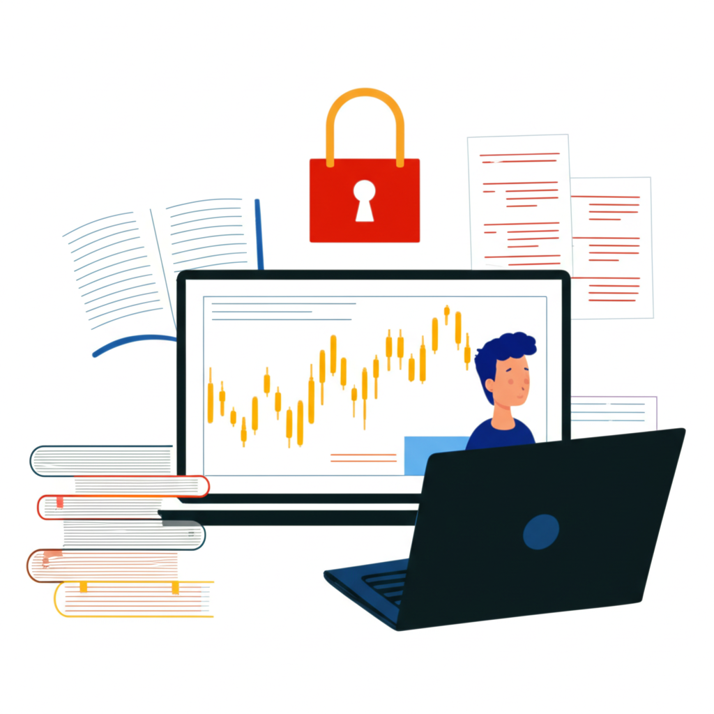 新手交易者學習外匯基礎，使用教科書和筆電顯示K線與移動平均圖表，鎖頭象徵帳戶安全與監管合規