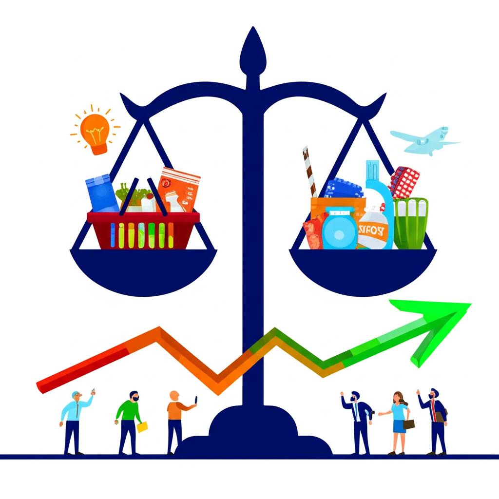 風格化天平平衡購物籃中的商品服務與上升箭頭代表通膨,政府官員、勞工和投資者注視著