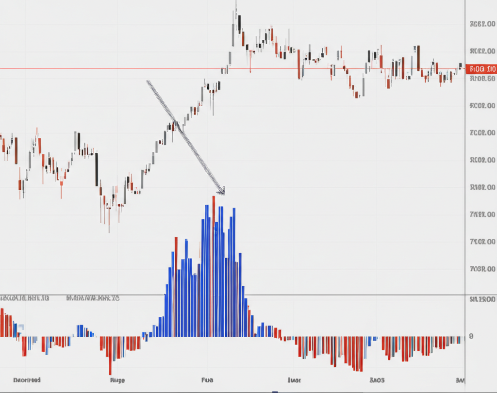 股票K線圖旁邊的分價量表插圖,顯示高量區作為支撐的視覺效果