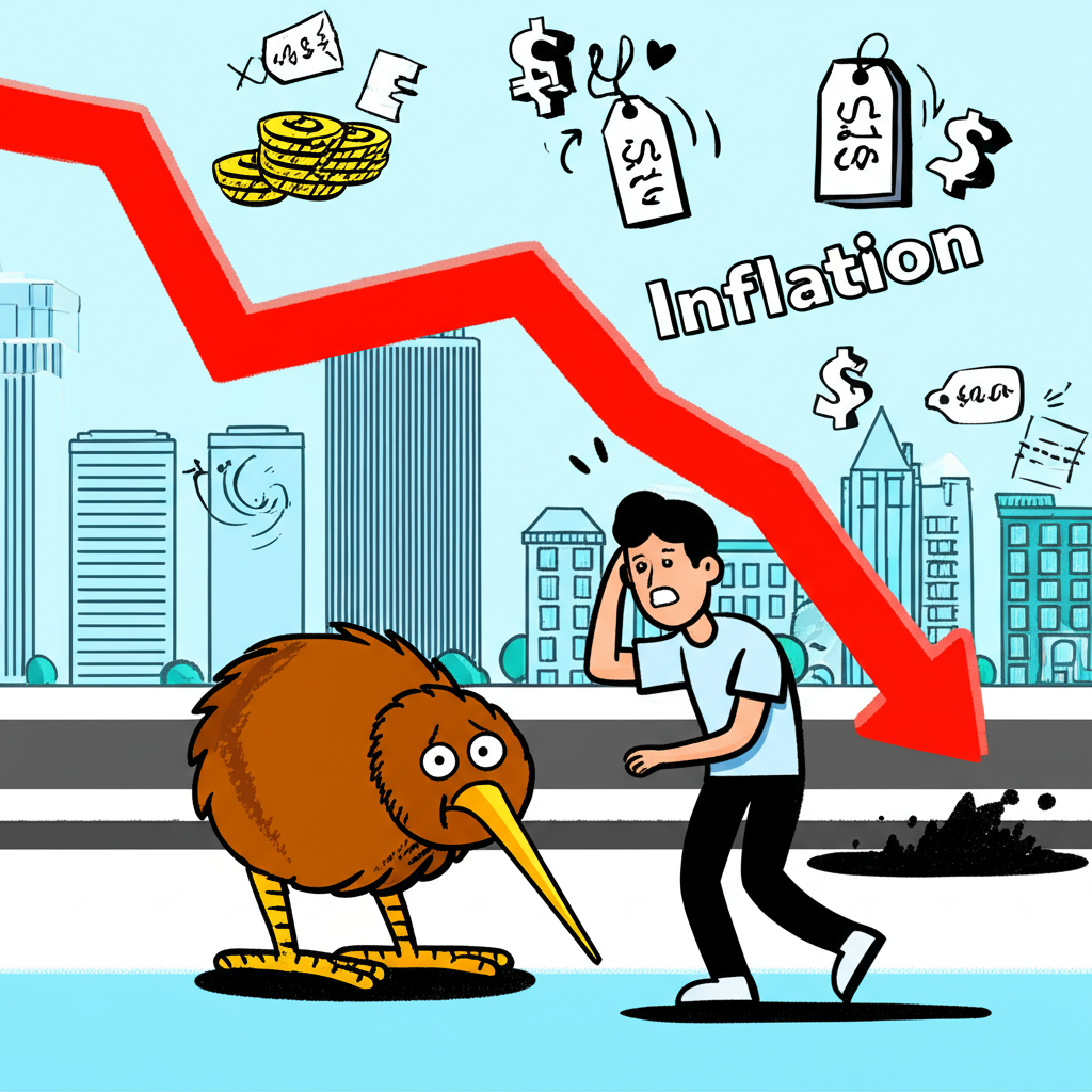 紐西蘭經濟困境示意圖,GDP曲線向下,物價上漲,奇異鳥表情憂慮