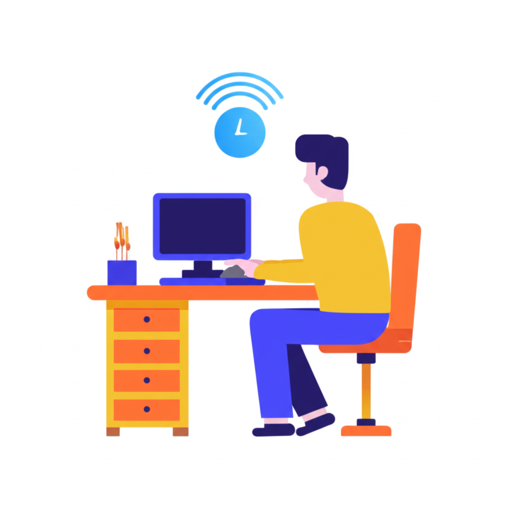 明亮整潔居家辦公室與穩定設備插圖