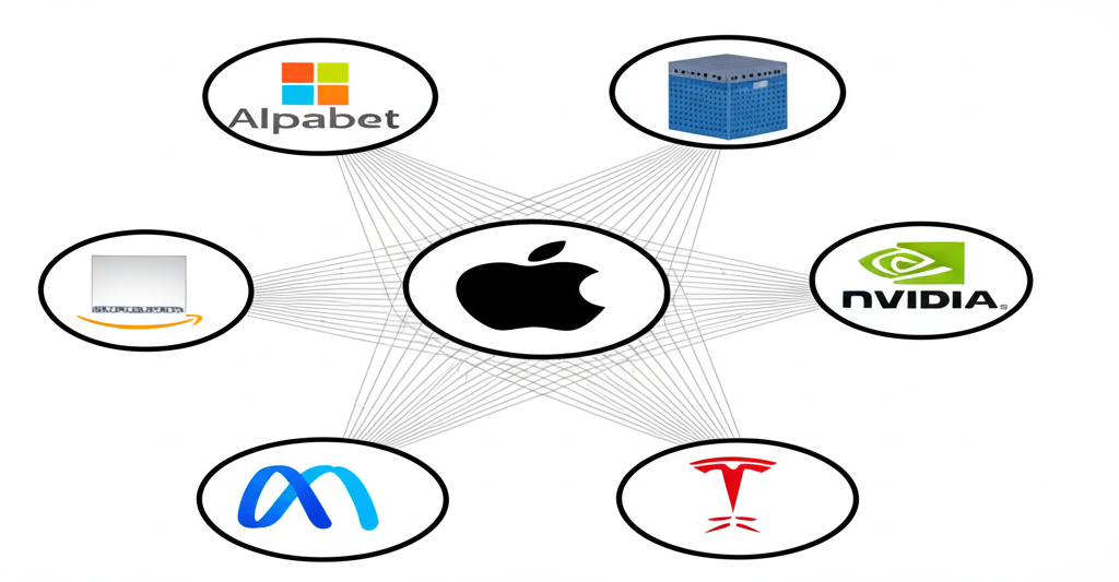 Seven distinct corporate headquarters or iconic product representations of Apple Microsoft Amazon Alphabet Meta Nvidia Tesla interconnected by lines showing diverse tech industries an illustration
