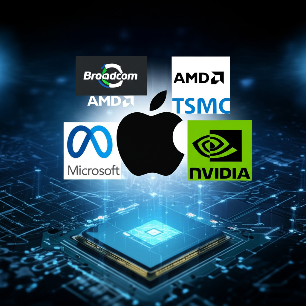 BATMMAAN 美股指數七家公司標誌與 AI 半導體創新元素插圖