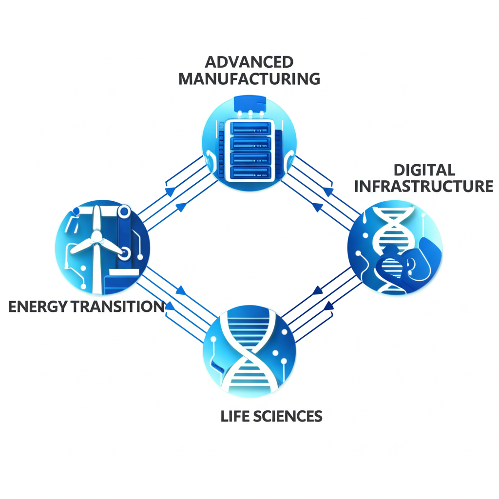 先進製造機器手臂、數位基礎設施網路線、能源轉型風力渦輪機、生命科學DNA螺旋圖標,透過金融線連接象徵投資連結