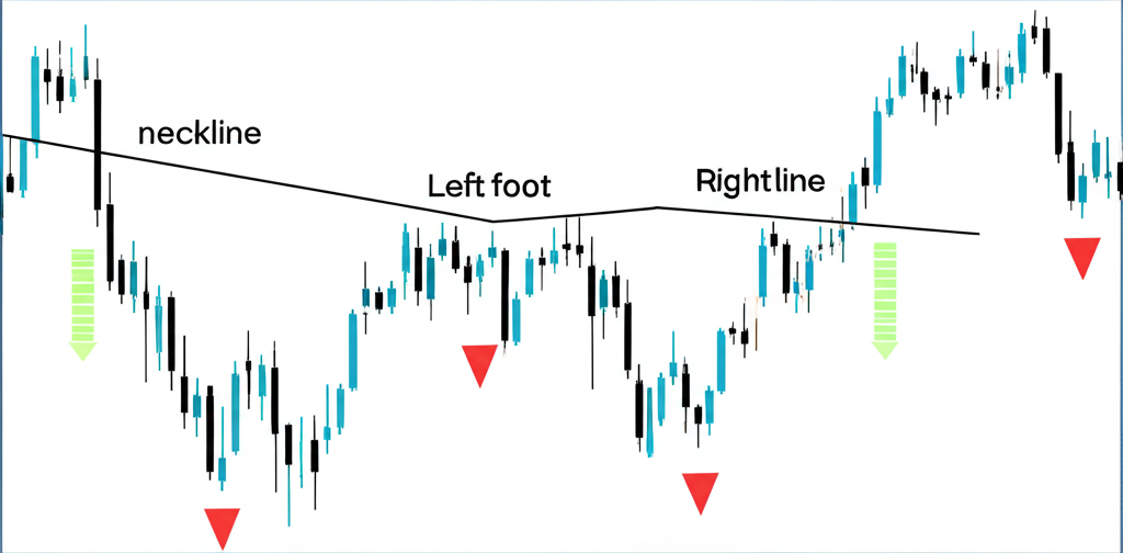 股票圖表中W底型態的組成元素,標示左腳、右腳與頸線,用箭頭顯示市場力量從空頭轉向多頭