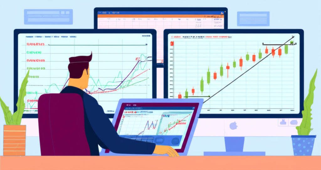 illustration of a trader analyzing multiple market charts with trend lines support resistance levels and breakthrough points representing core forex trading strategies like trend oscillation and breakthrough