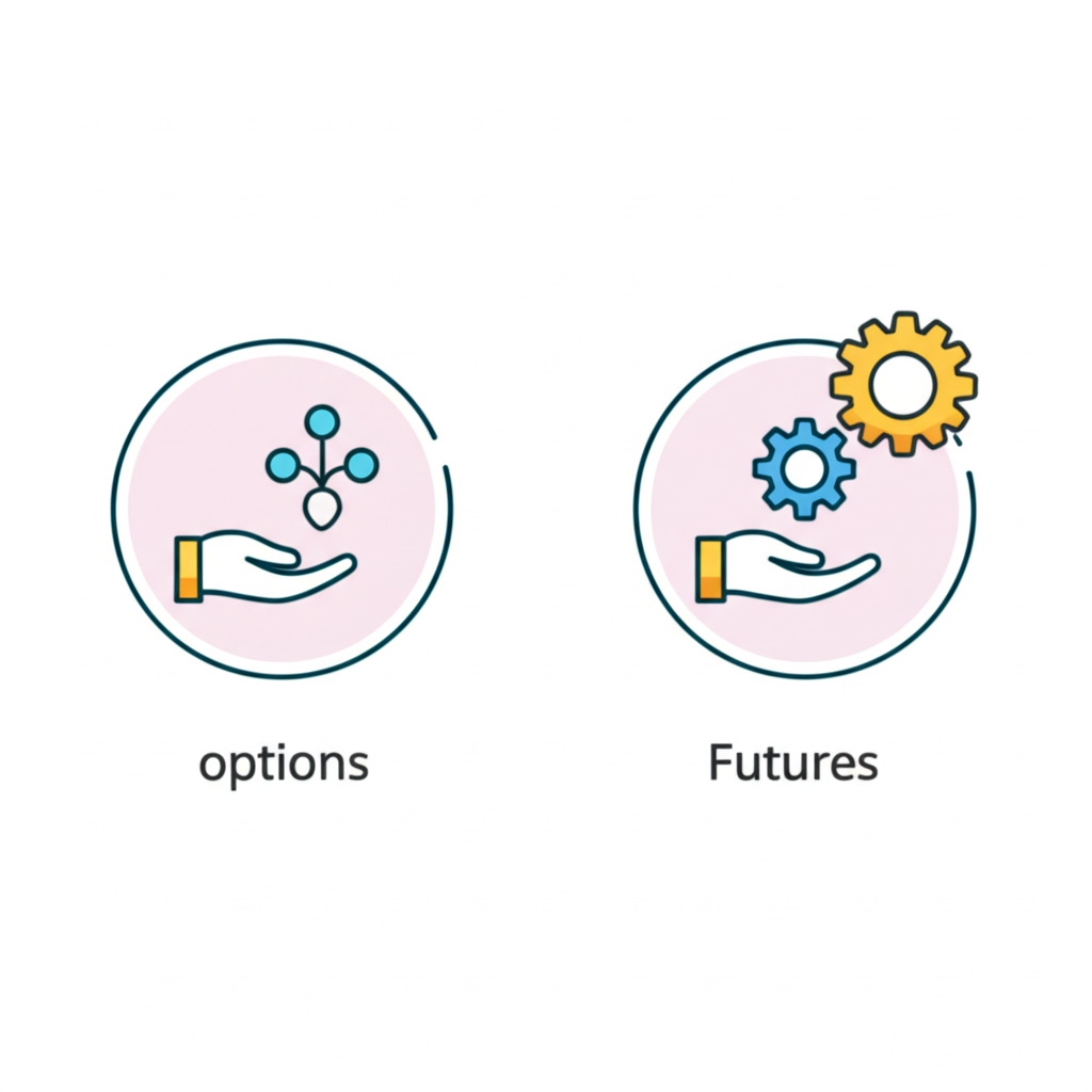 選擇權與期貨差異示意圖:兩個獨特圖示代表不同金融工具,強調其本質與用途的對比