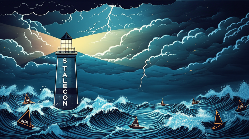 穩定幣燈塔在加密貨幣風暴中閃耀,象徵投資者的穩定指引