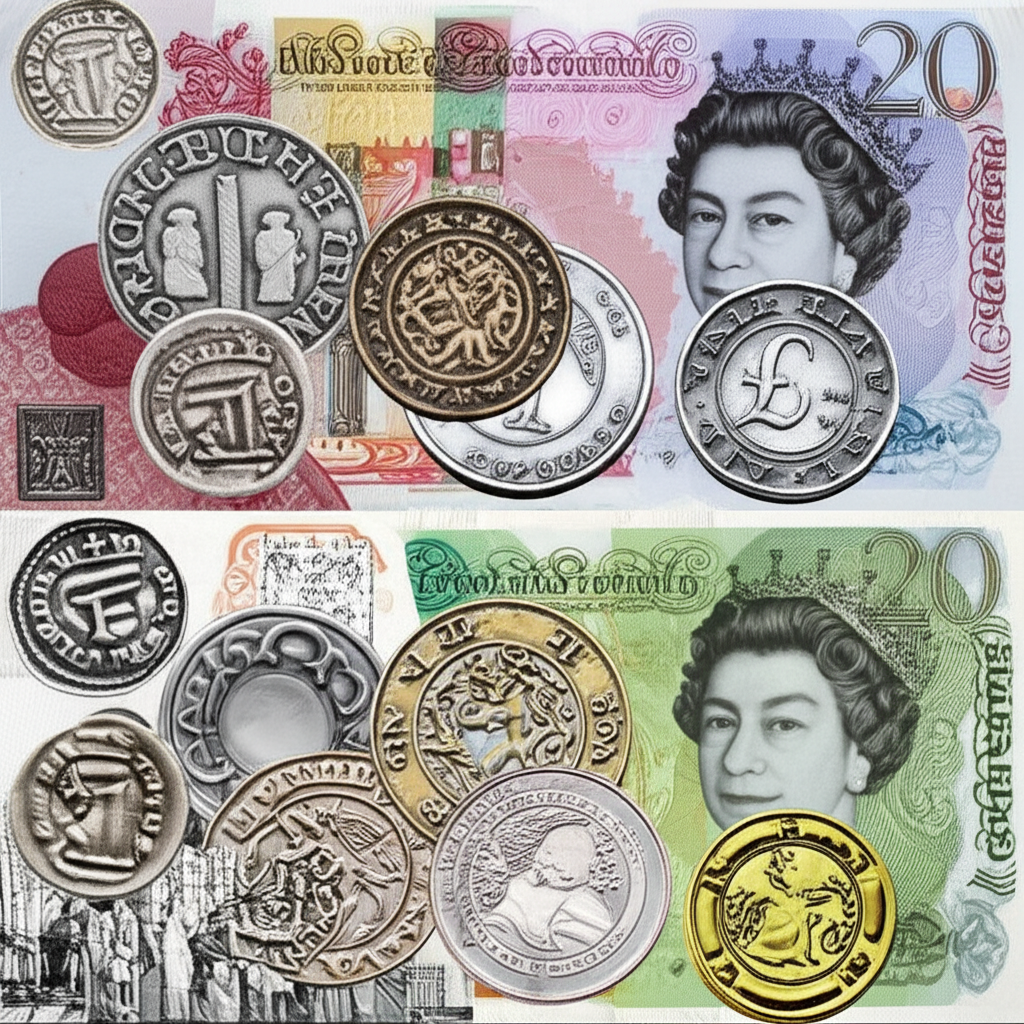 英鎊從盎格魯-撒克遜時期到現代全球角色的歷史插圖,包含古幣與現代鈔票
