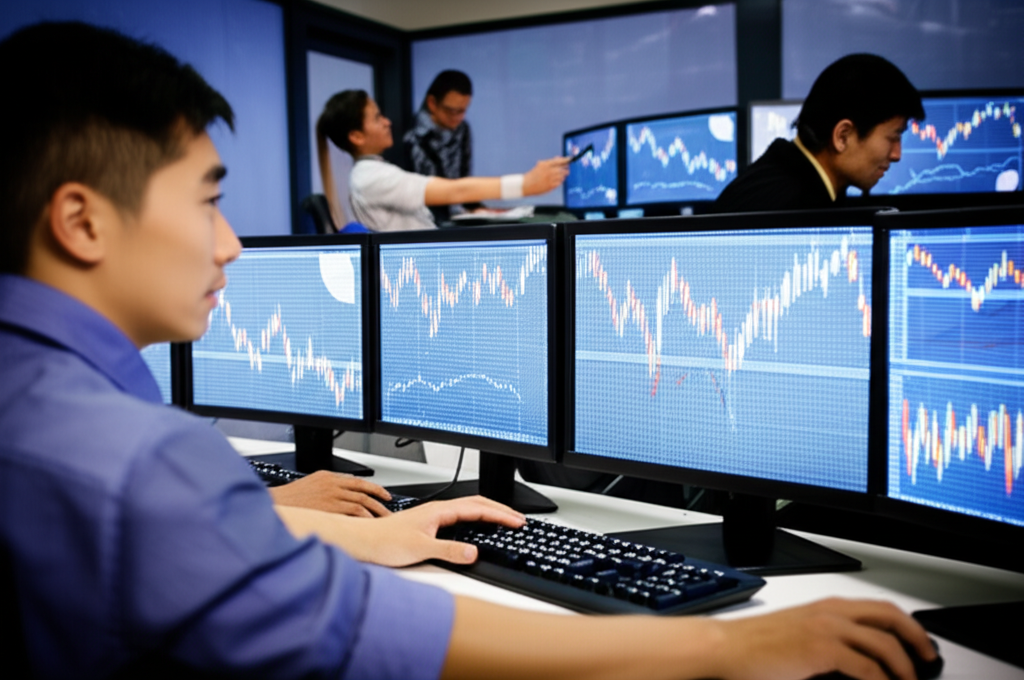 亞洲交易者分析外匯走勢圖,插畫風格