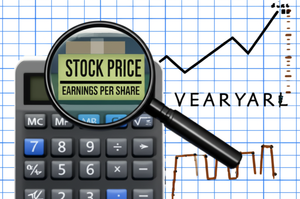 計算本益比的插圖，顯示股價除以每股盈餘的計算器與投資回收圖表