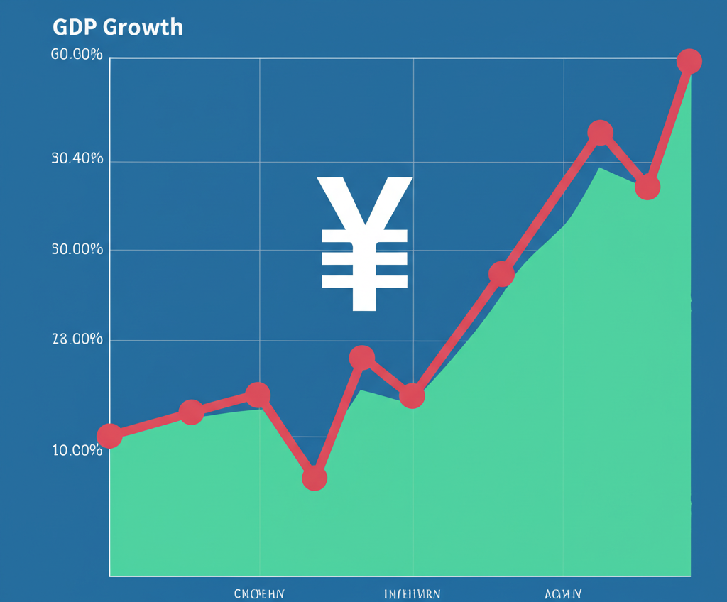 中國經濟景觀圖表顯示GDP增長、通膨與貿易數據如何影響波動的人民幣符號,代表其基本面因素
