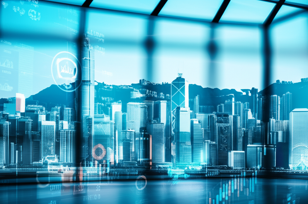 未來感外匯交易平台,香港天際線,安全交易插畫