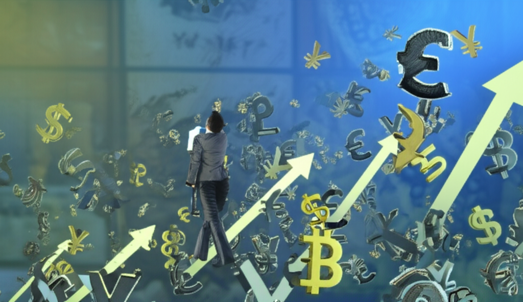 插畫描繪一個人自信地穿梭在全球金融市場中,背景有貨幣符號與上升趨勢箭頭,象徵多元投資與風險管理