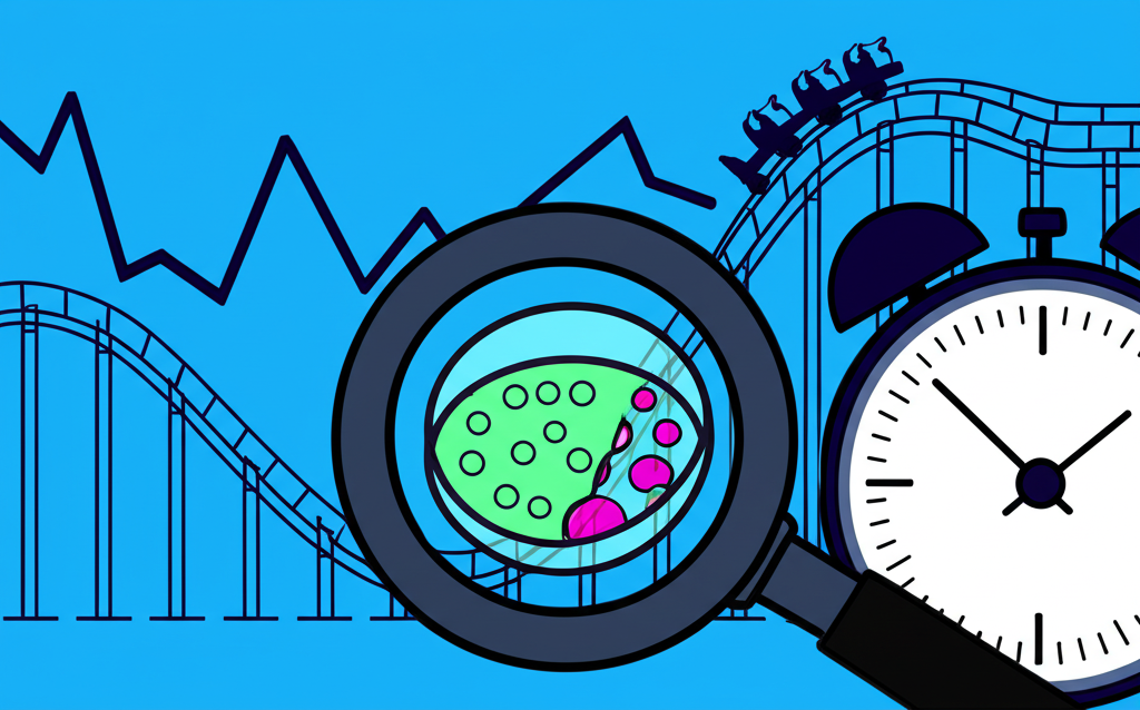 生技公司過山車式股價圖表，放大鏡檢查培養皿，時鐘象徵快速變化與波動性