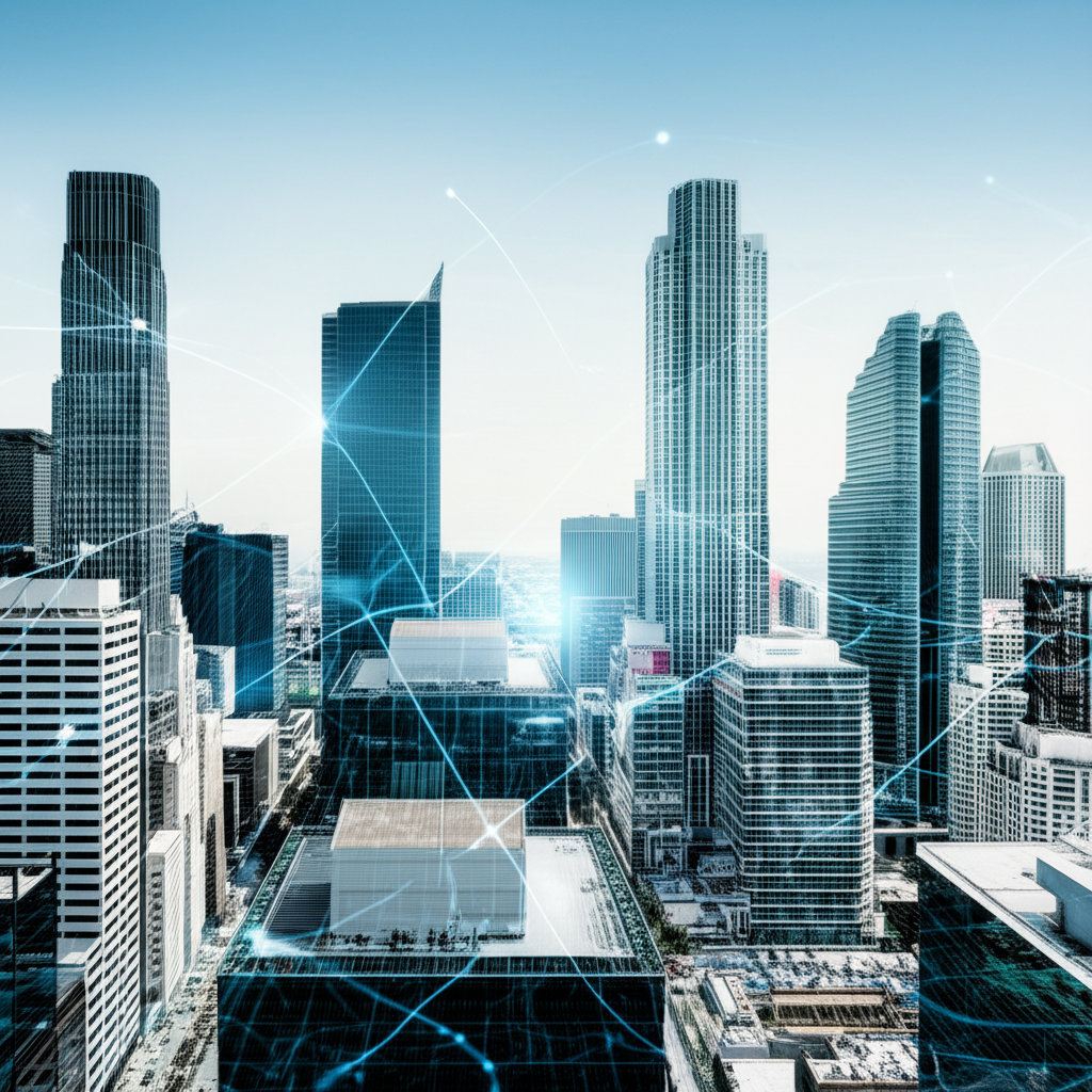 全球市場中科技投資與企業治理的互聯圖示,華爾街摩天大樓與矽谷科技中心在動態天空下的融合