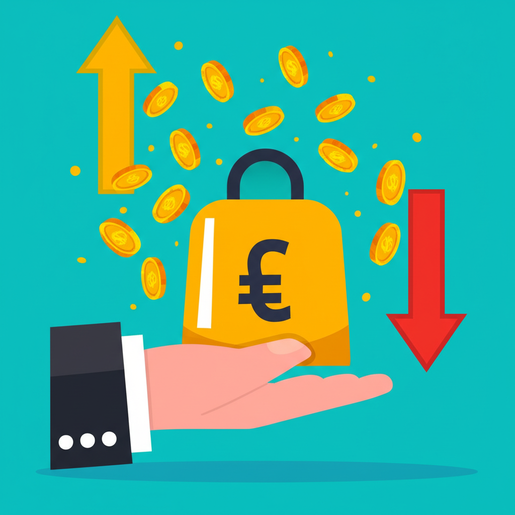 財務槓桿示意圖,小手抬起大重物,上下箭頭代表雙向交易,流動硬幣象徵高流動性