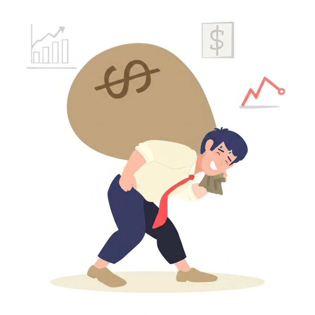 人背著沉重錢袋微笑卻流汗,象徵甜蜜負擔與經濟矛盾