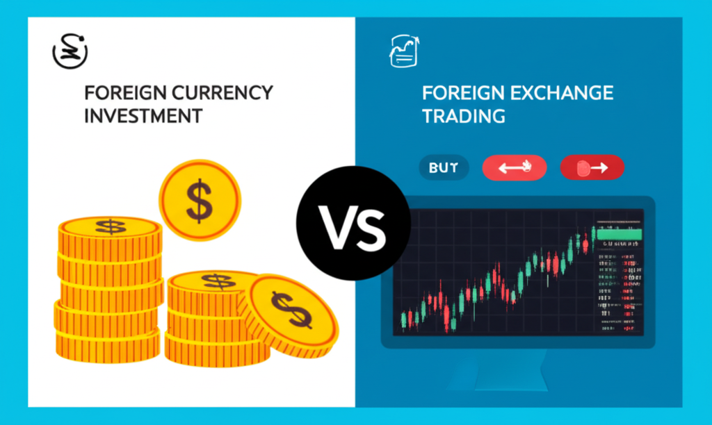 An illustration distinguishing between foreign currency investment like holding deposits or funds and foreign exchange trading showing currency pairs being exchanged on a digital screen