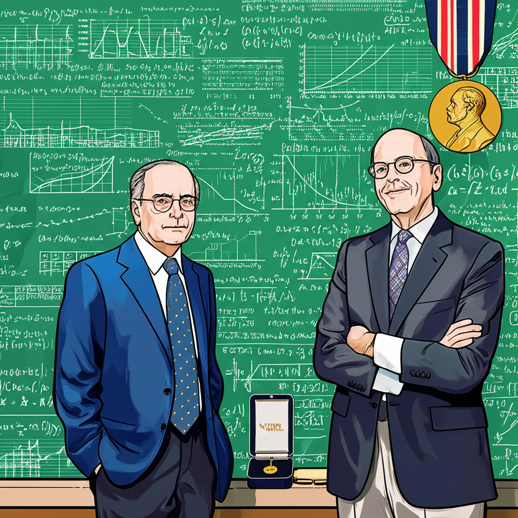 羅伯特·席勒與約翰·坎貝爾站在黑板前討論公式與市場圖表的插圖,諾貝爾獎徽章在旁