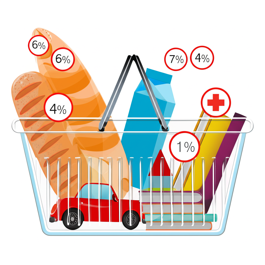 透明購物籃裝滿麵包、牛奶、小房子、汽車、醫療十字和書籍,各物品標有百分比權重標籤