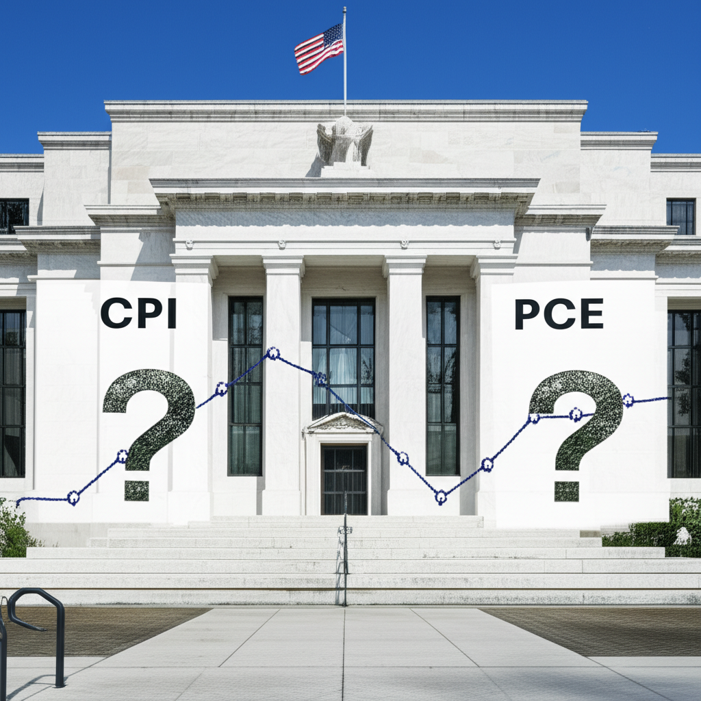 CPI 與 PCE 經濟圖表比較,帶有問號與聯準會建築背景