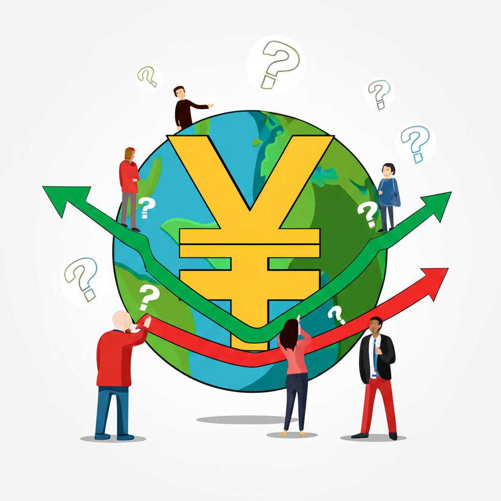 人民幣貨幣符號周圍環繞全球市場元素，如圖表和箭頭，人們頭上有問號顯示不確定性和未來趨勢的插圖