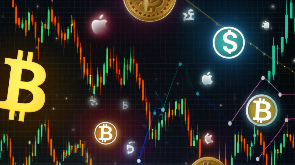 全球金融市場波動圖示,包括股票圖表、比特幣符號與科技公司標誌,象徵機會與風險
