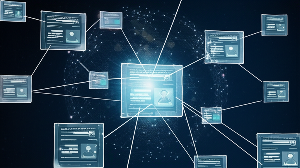 An illustration of a futuristic transparent digital ledger shared and maintained by thousands of people globally symbolizing a revolutionary technology that redefines trust and industry operations