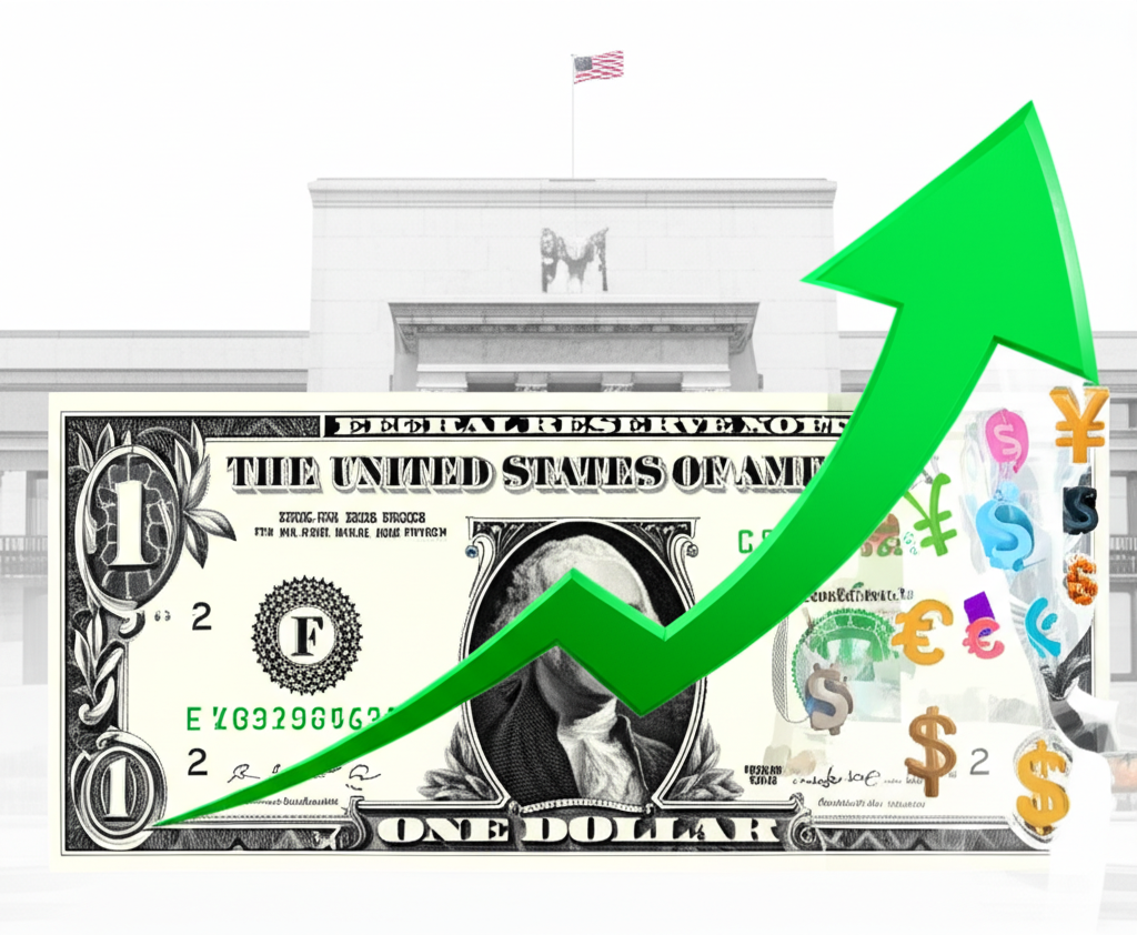 美金升值因素與資金流向的象徵插圖