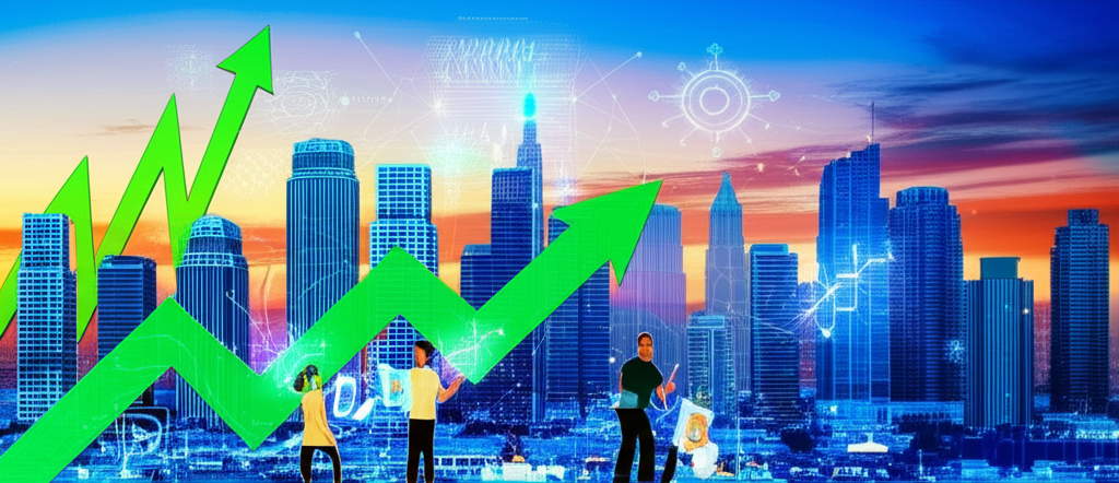 活力城市天際線與成長箭頭及AI元素,代表經濟成長與新職位如數據科學家與AI訓練師