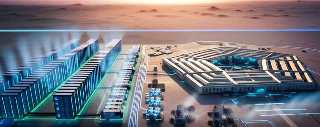 大型 AI 資料中心耗電場景,旁邊為五角大廈風格建築與微型反應爐提供獨立電力,遠端未來軍事基地圖像