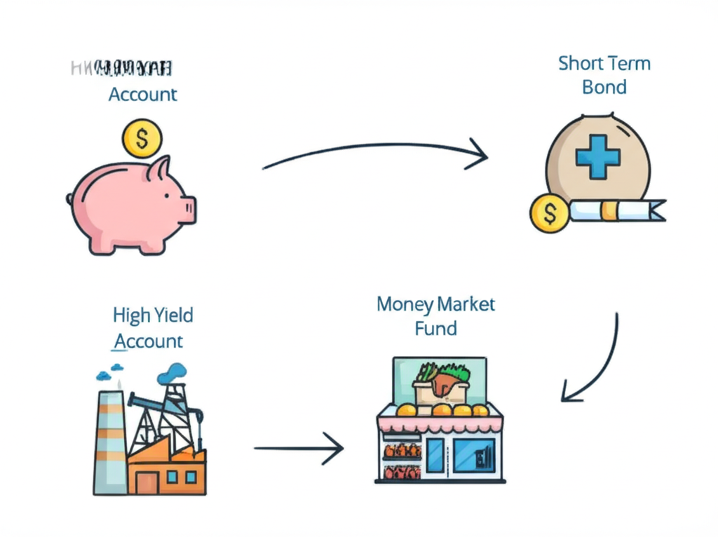 不同投資工具如高收益儲蓄帳戶、貨幣市場基金與短期債券的插圖,搭配工業、能源、醫療與消費產業元素,代表多元化資產配置
