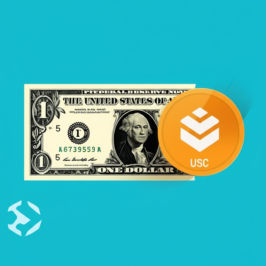 美元鈔票轉化為 USDC 代幣,背景隱現 Circle 和 Coinbase 標誌,代表一比一錨定與可靠發行方