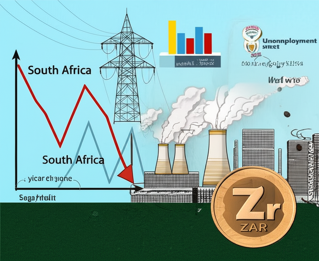 南非複雜經濟景觀,顯示緩慢成長圖表、高失業數據與電力危機下的發電廠,前景有南非幣貨幣