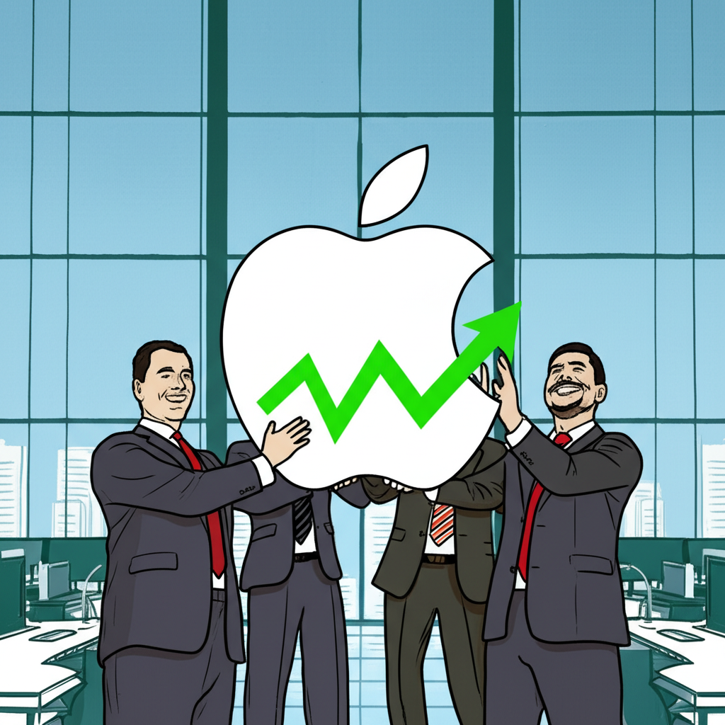 Wall Street analysts in suits raising a large Apple logo with upward arrows in a modern office, representing strong confidence and raised stock targets