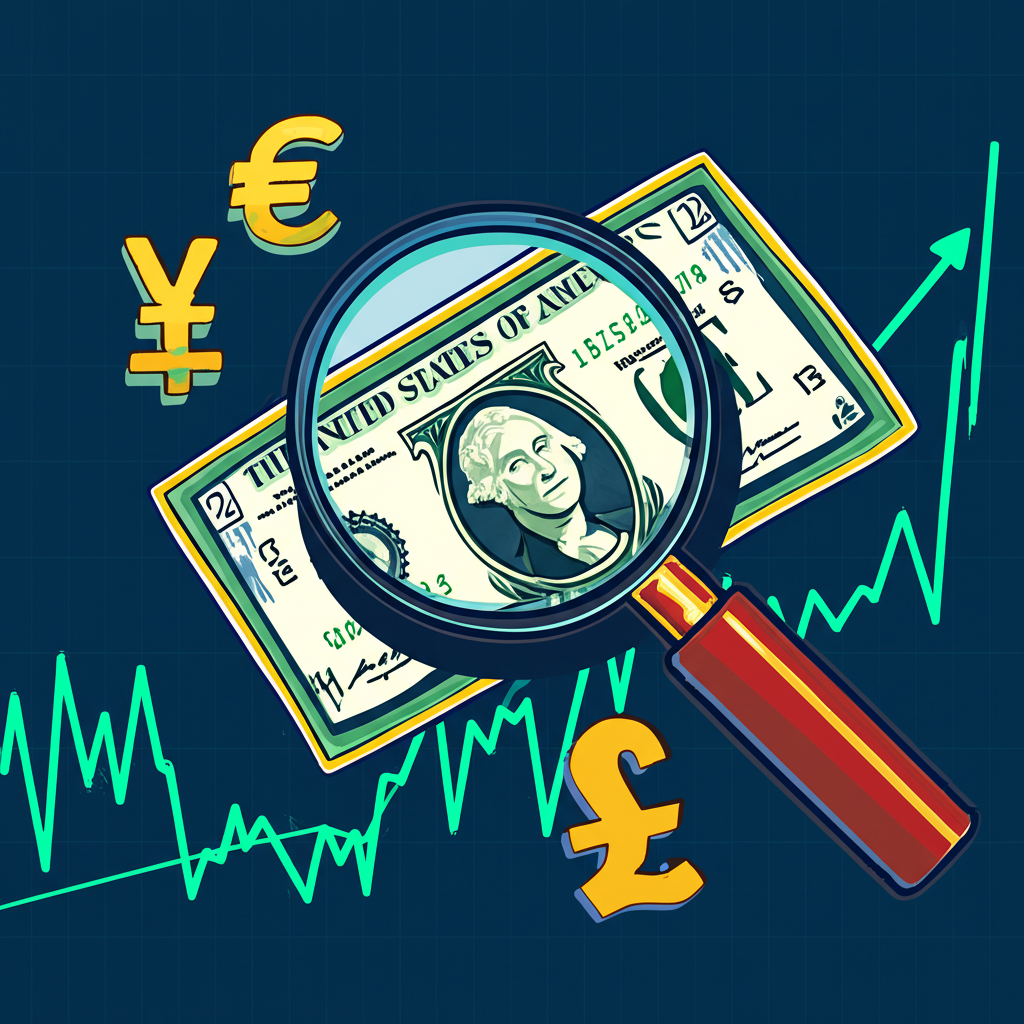 美元購買力增強的插圖,放大鏡下美元對抗歐元、日圓、英鎊等貨幣,背景有DXY圖表