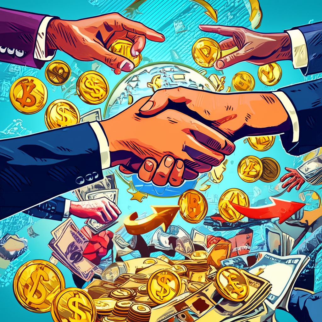 An illustration of global currencies exchanging hands a vast financial market with money flowing across continents symbolizing foreign exchange and massive daily trading volume in a vibrant digital art style