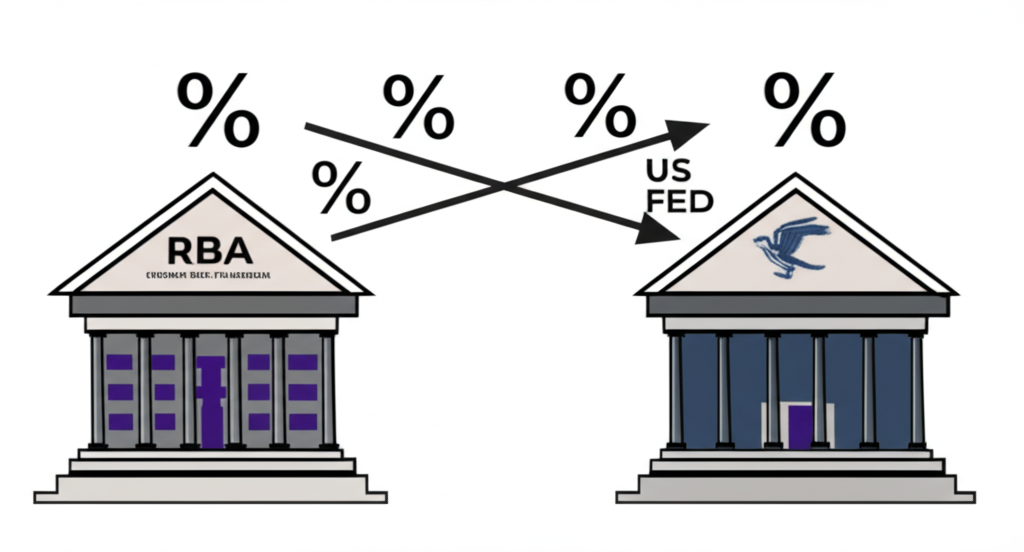 澳洲央行與美國聯準會建築對比，利率差距擴大導致資金外流