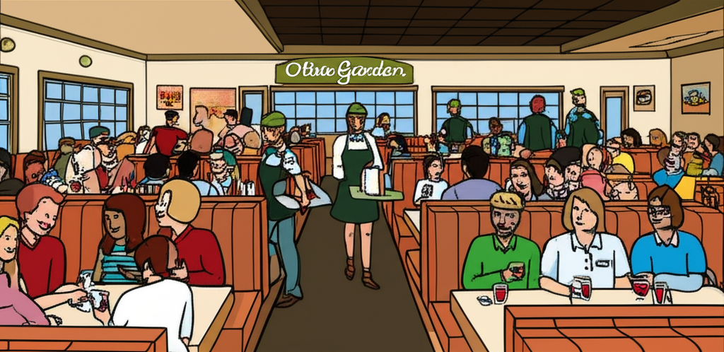 繁忙的 Olive Garden 餐廳,多元顧客代表可持續客流量與高效員工展現強勁營運執行帶來未來獲利