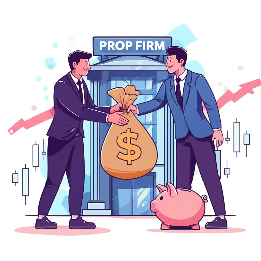 插圖展示一名資金交易員從標示『資金公司』的建築中獲得一大袋金錢,個人的小豬撲滿則空置在一旁,雙方在金融圖表上握手達成協議